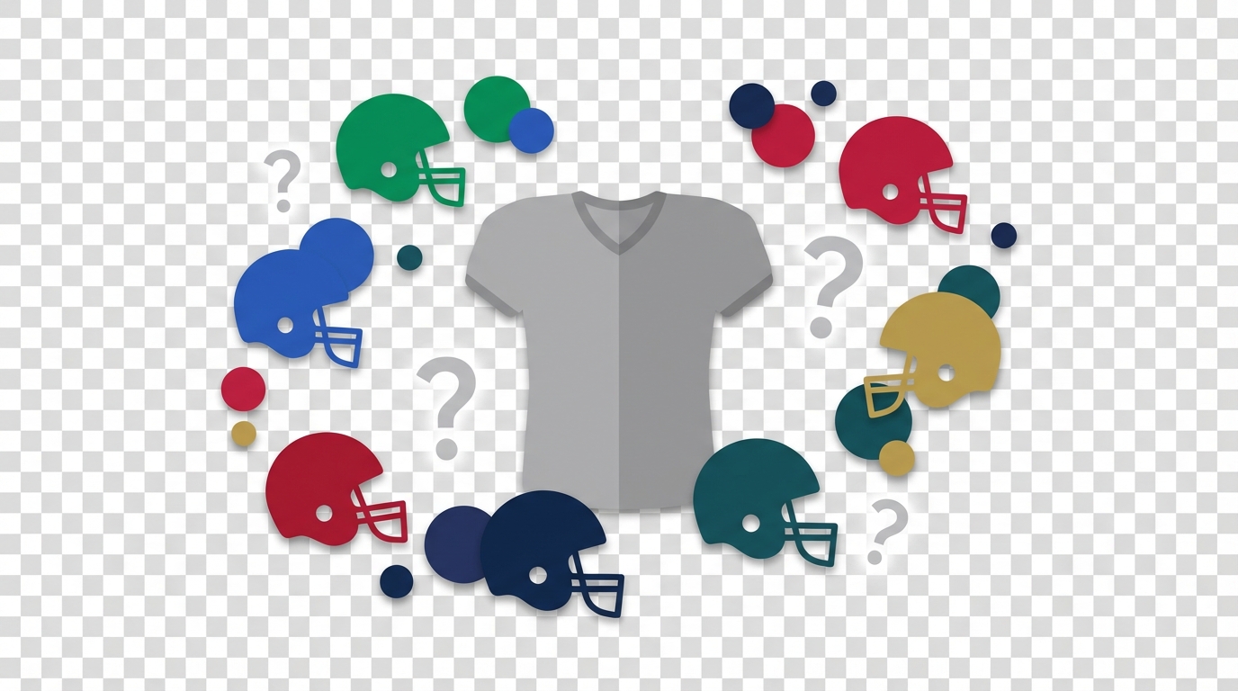 Neutral football jersey silhouette surrounded by colorful abstract helmets and stylized question marks symbolizing free agency uncertainty