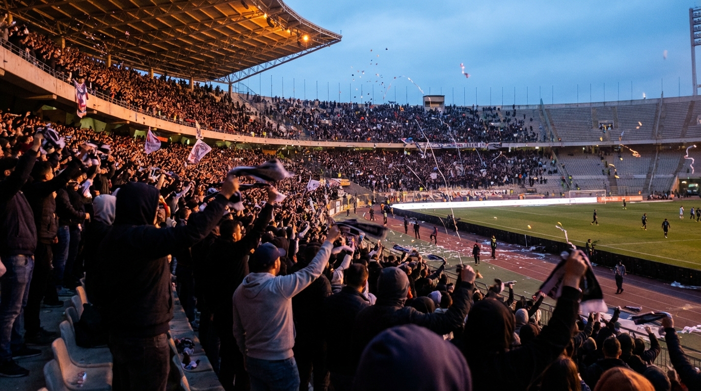 Packed football stadium at dusk filled with cheering fans, confetti in the air, bright stadium lights, motion blur conveys excitement