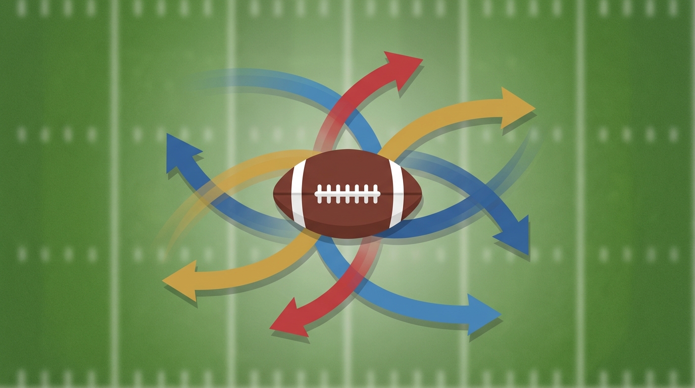 Stylized football with arrows on a field background