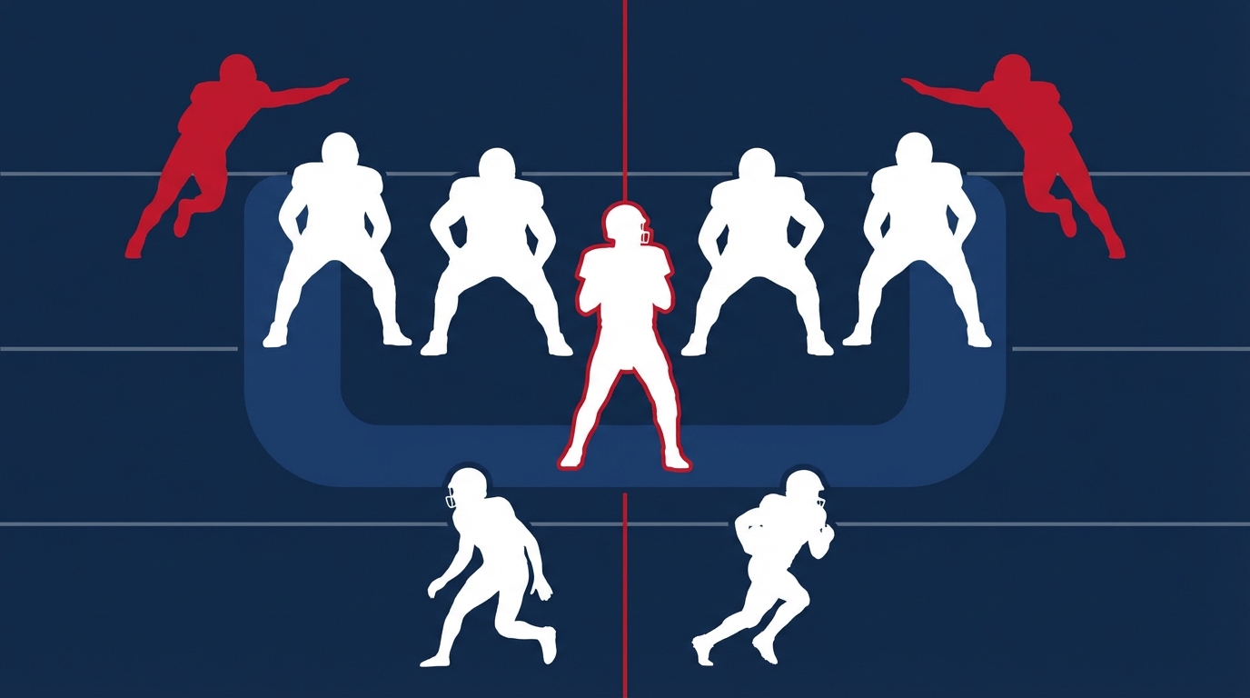 Stylized football field showing Drake Maye protected by offensive linemen with edge rushers approaching and skill players downfield