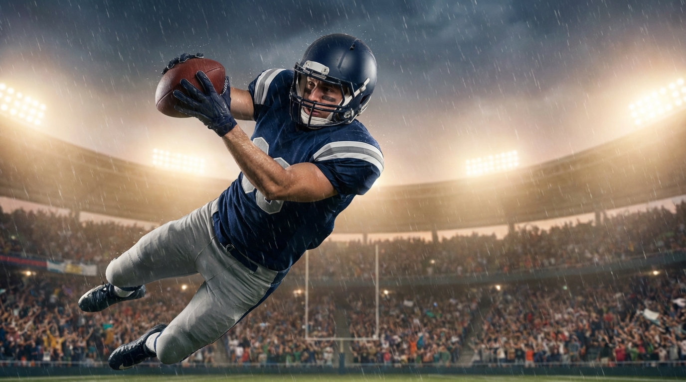 A dynamic football receiver leaping to catch a pass in a neutral-colored uniform in a generic NFL stadium at dusk, with stadium lights and rain adding drama.