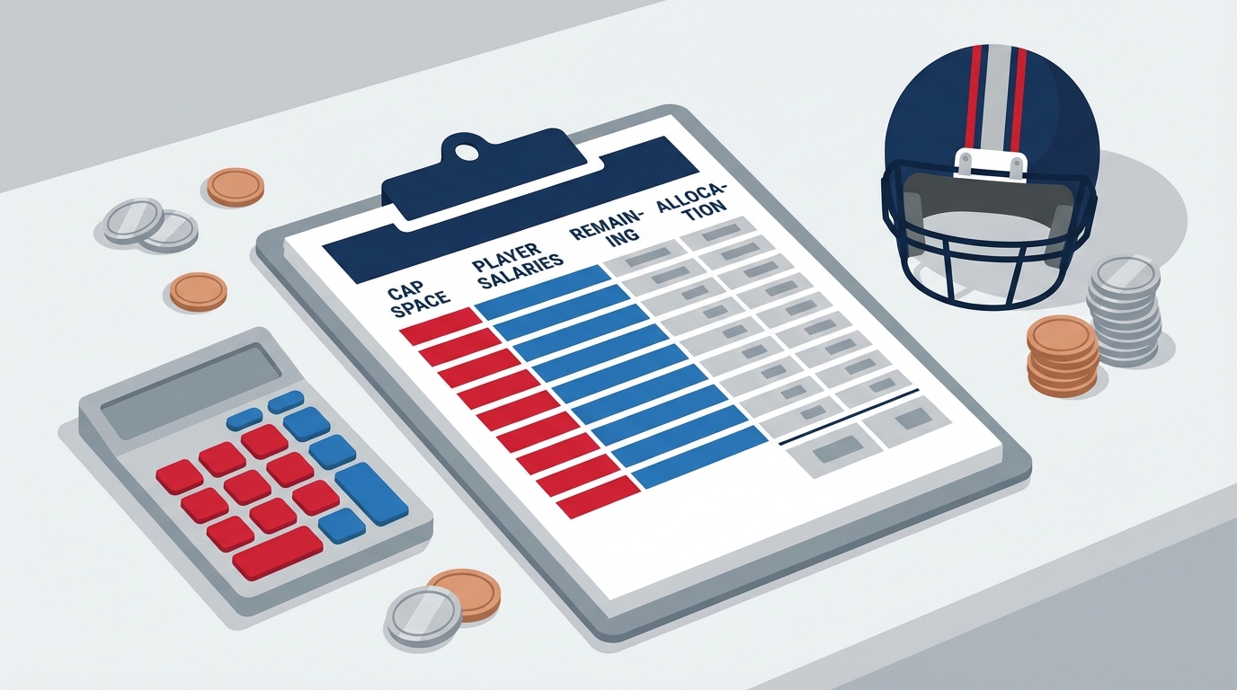 Illustration of a football helmet next to a calculator and budget sheet symbolizing cap management