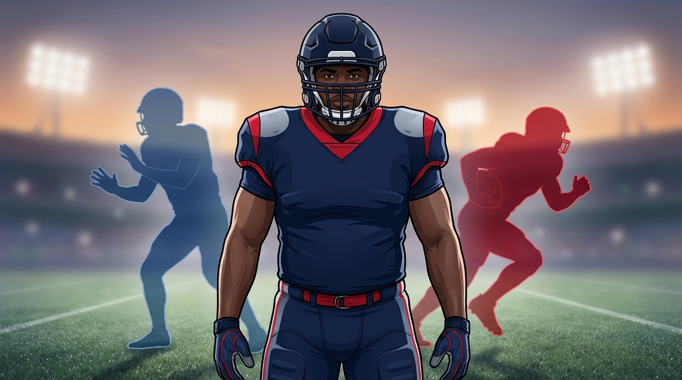 Illustration of a large offensive guard in navy and red gear on a football field at dusk, with translucent silhouettes showing pass-block and run-drive stances to indicate versatility.
