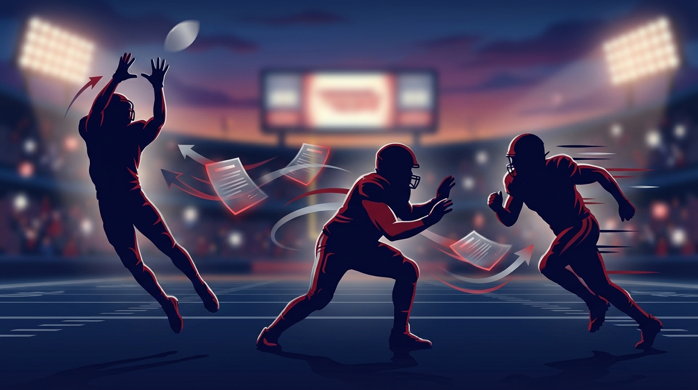 Silhouetted football players on a dusk field in Patriots colors representing trades and free agency movement