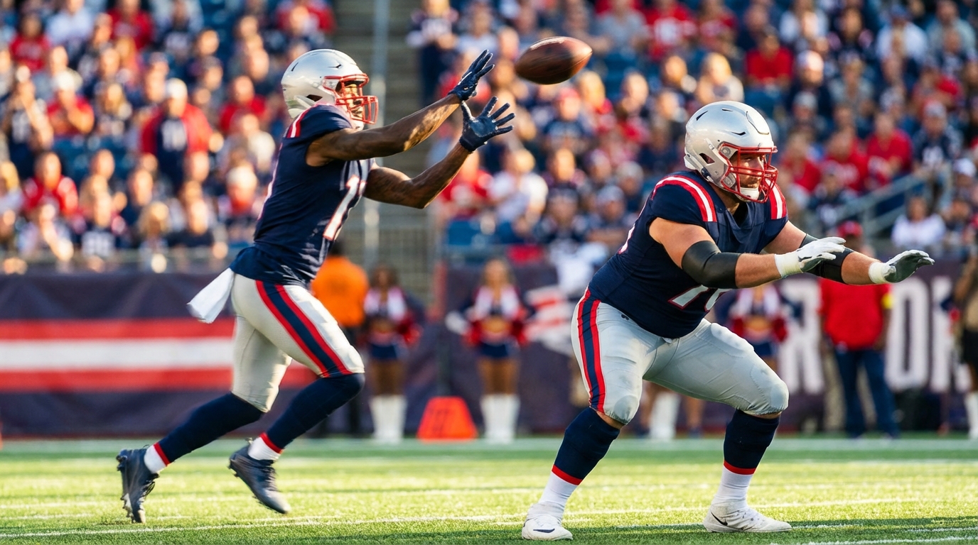 Two faceless Patriots players in action, a wide receiver reaching for a deep pass and an interior lineman blocking nearby