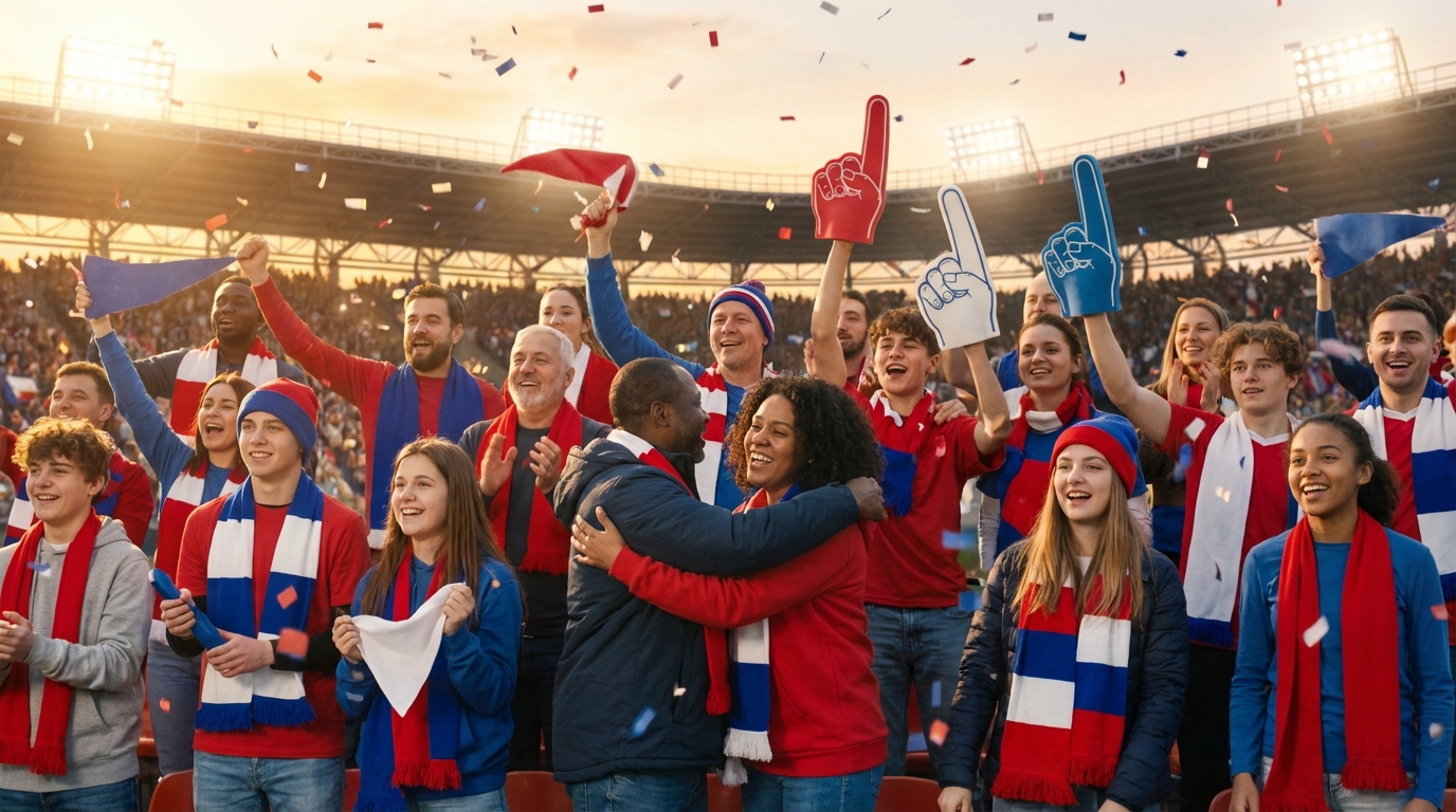Diverse group of enthusiastic football fans cheering at a stadium, confetti in the air, wearing red white and blue apparel