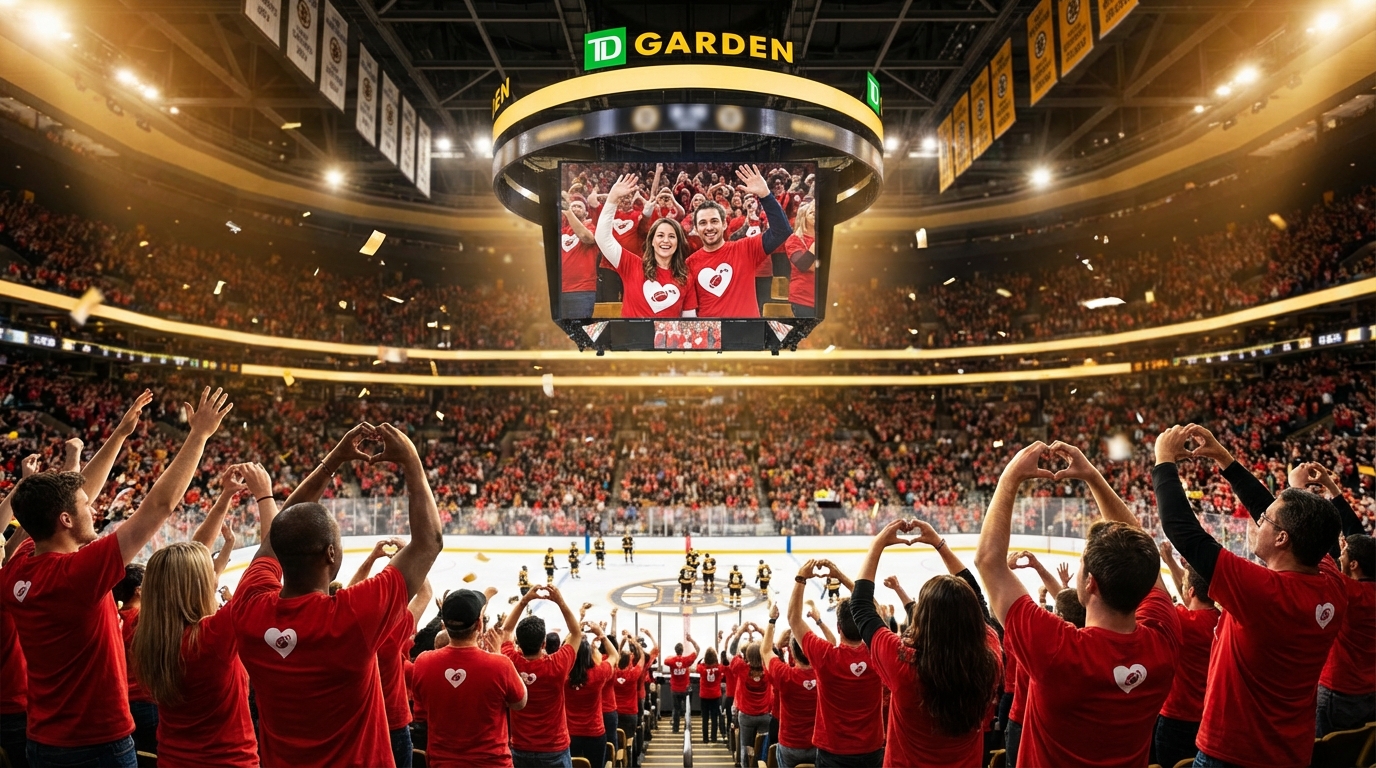 TD Garden fans cheering, many wearing red shirts with heart symbols, and the videoboard showing a smiling couple