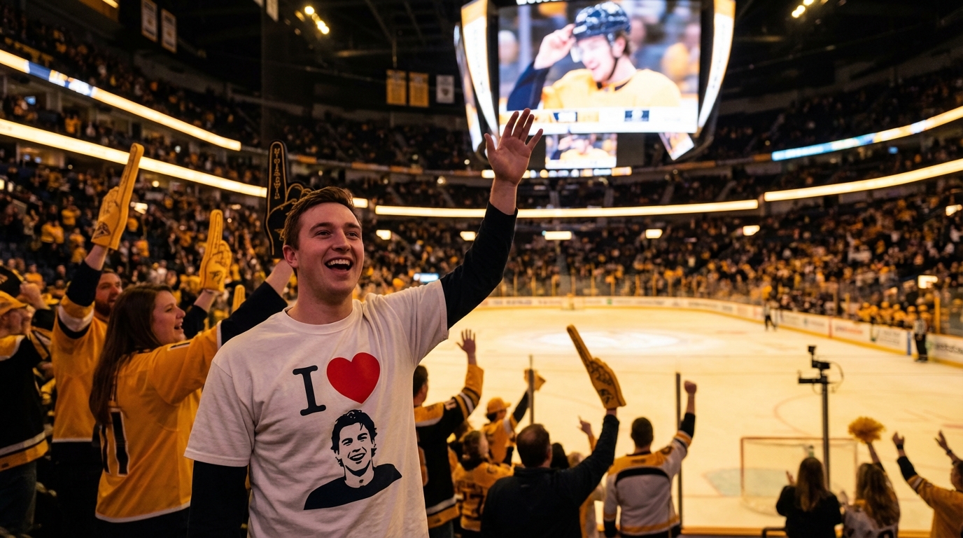 Fan wearing a white shirt with a red heart and a silhouette of a young athlete cheering in the TD Garden crowd