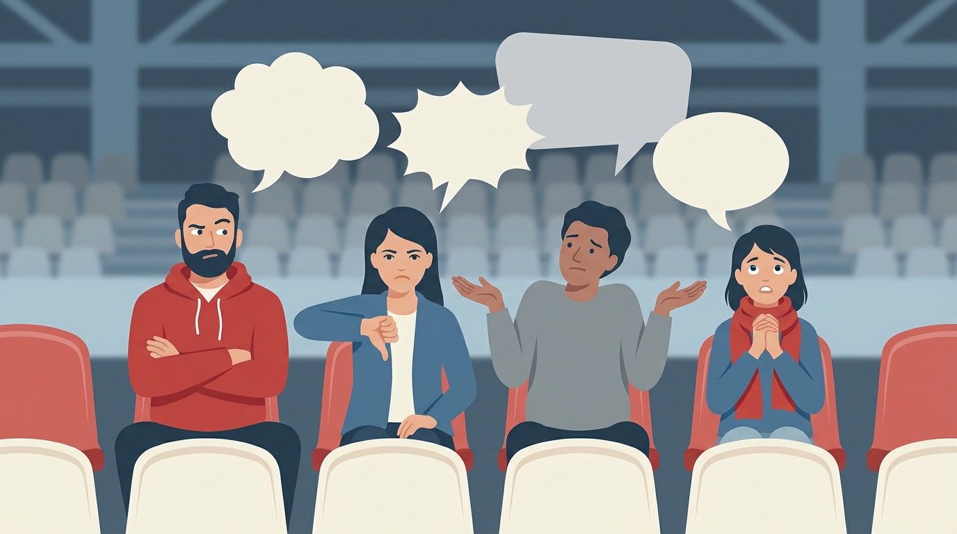 Illustration of fans with mixed reactions to the Shane Bowen Patriots defensive analyst hire