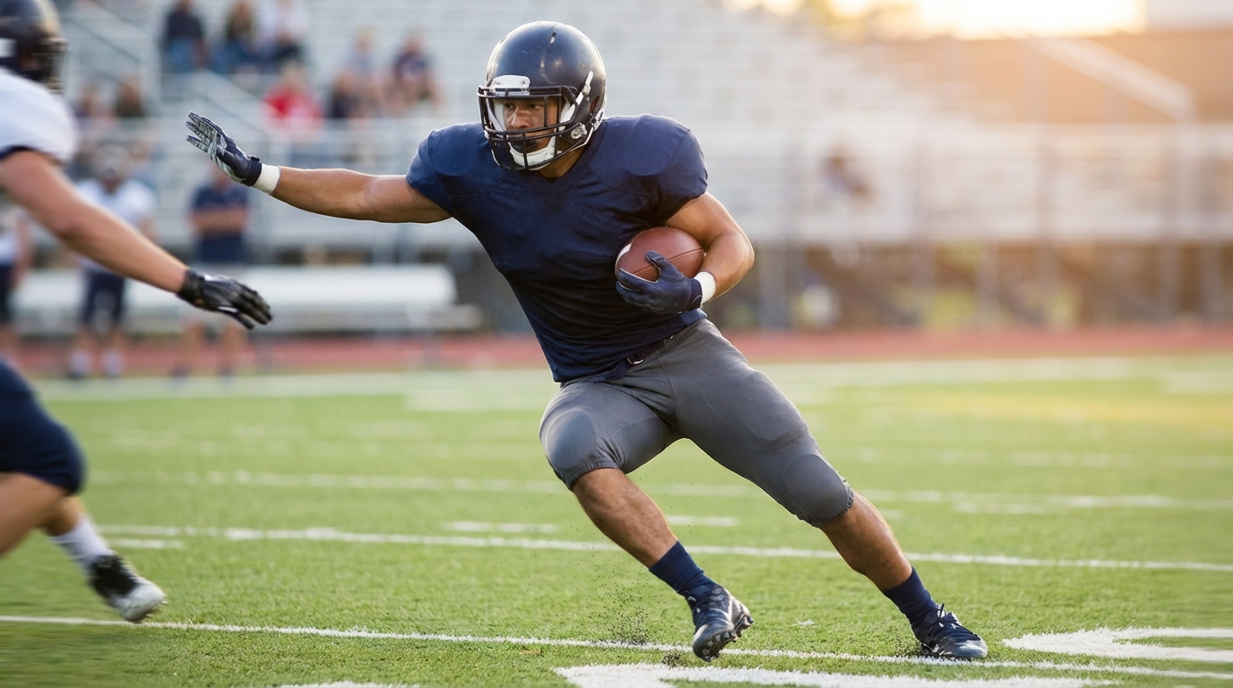 A football running back bursting through a rushing lane with ball tucked, mid-action, blurred stadium background