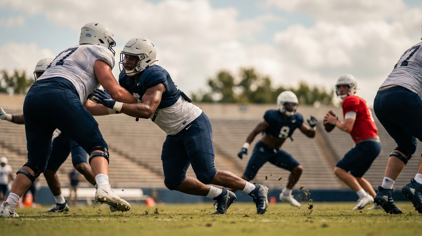 Edge rushers bending around an offensive tackle on a sunlit practice field, mid-stride, dynamic action shot, no logos