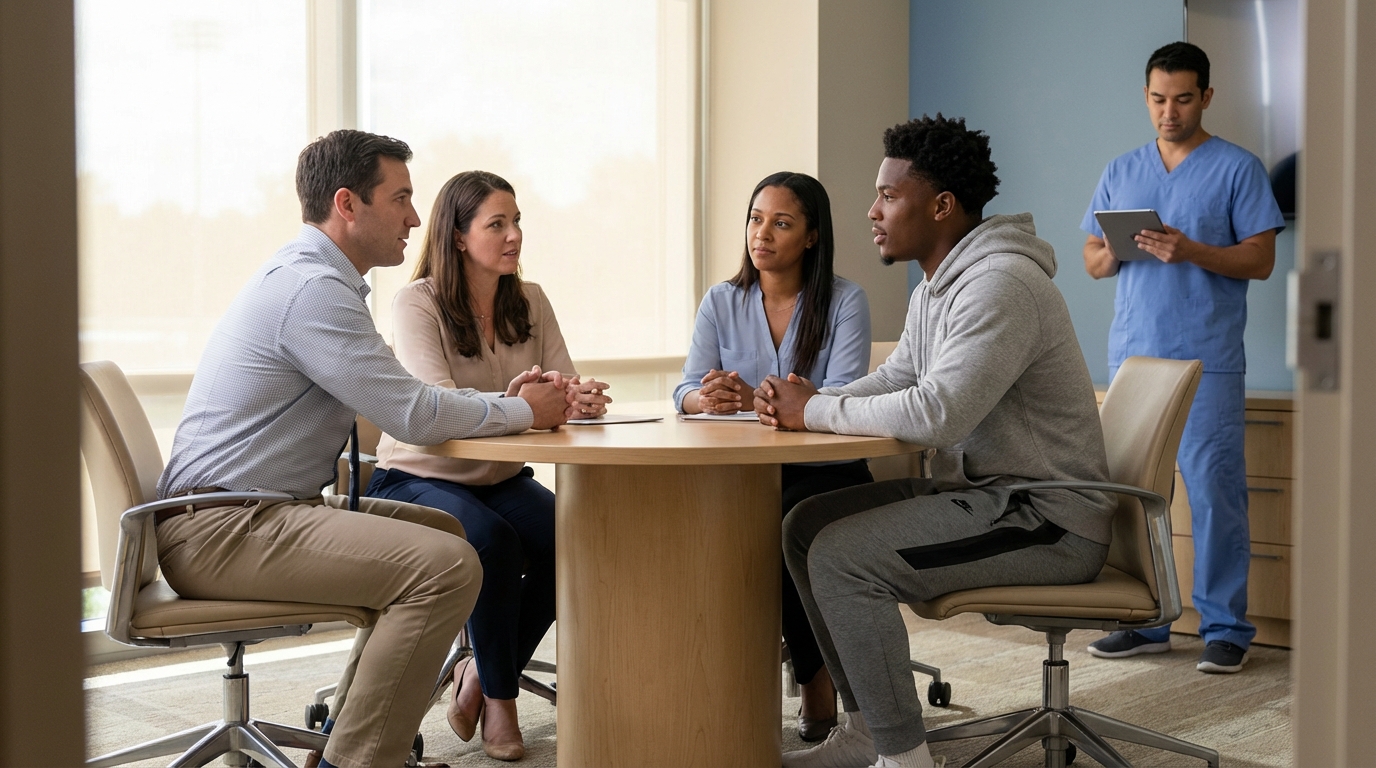 Interior meeting room with a prospect and team staff