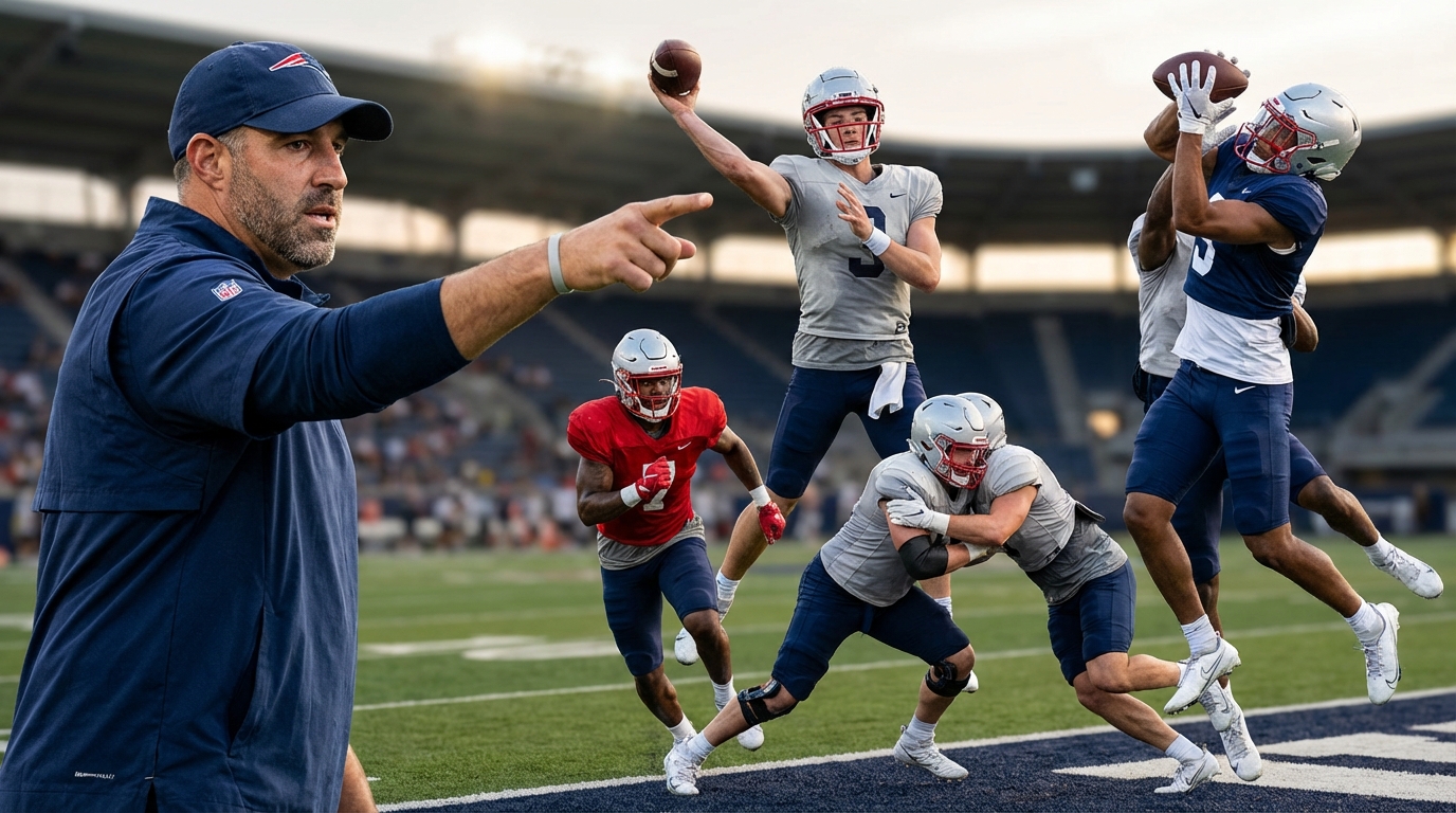 Mike Vrabel coaching portrait, Drake Maye mid-throw, Bryce Lance contested catch and top draft prospects in action