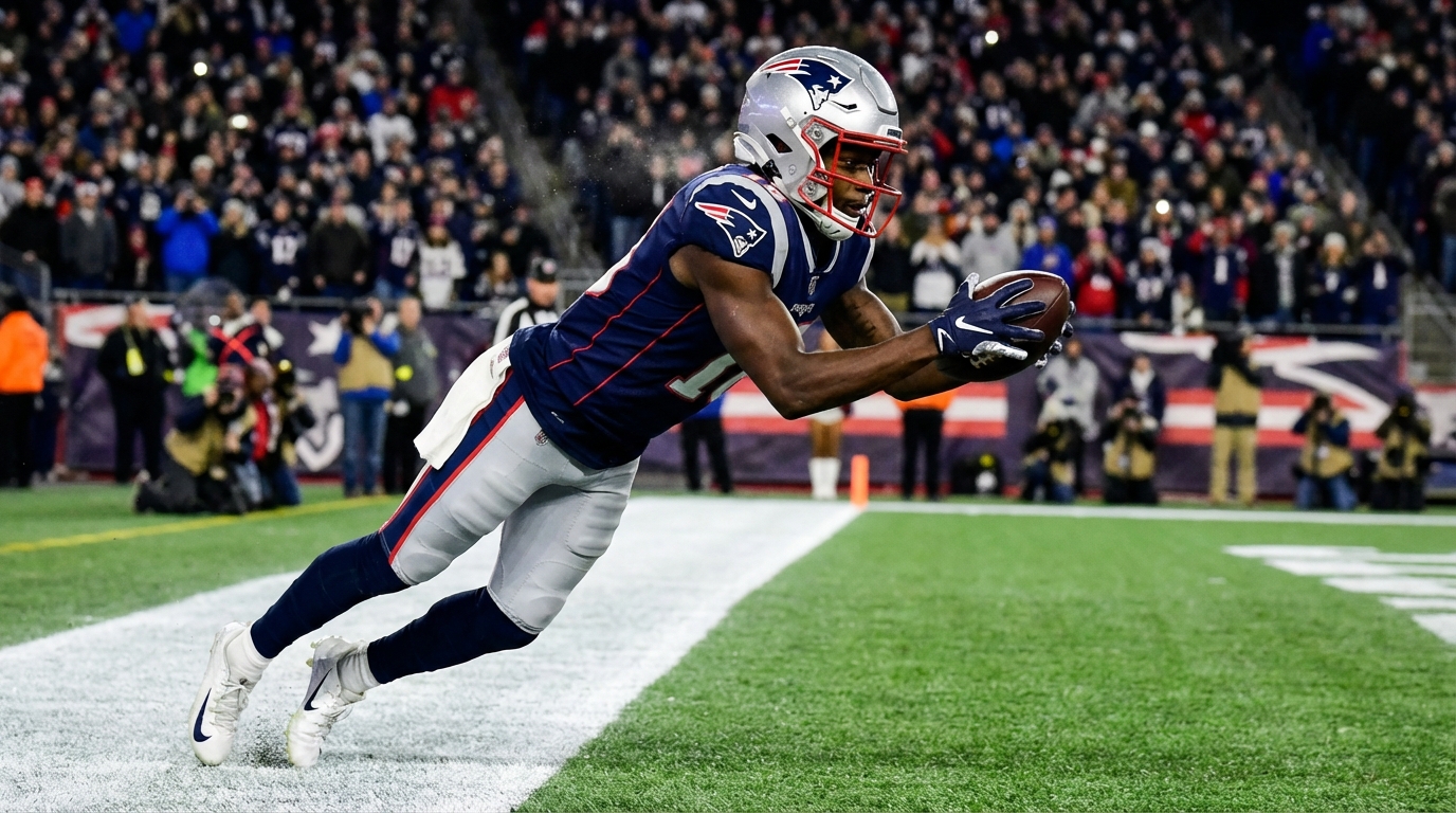 Wide receiver resembling Romeo Doubs making an athletic sideline catch in a Patriots uniform