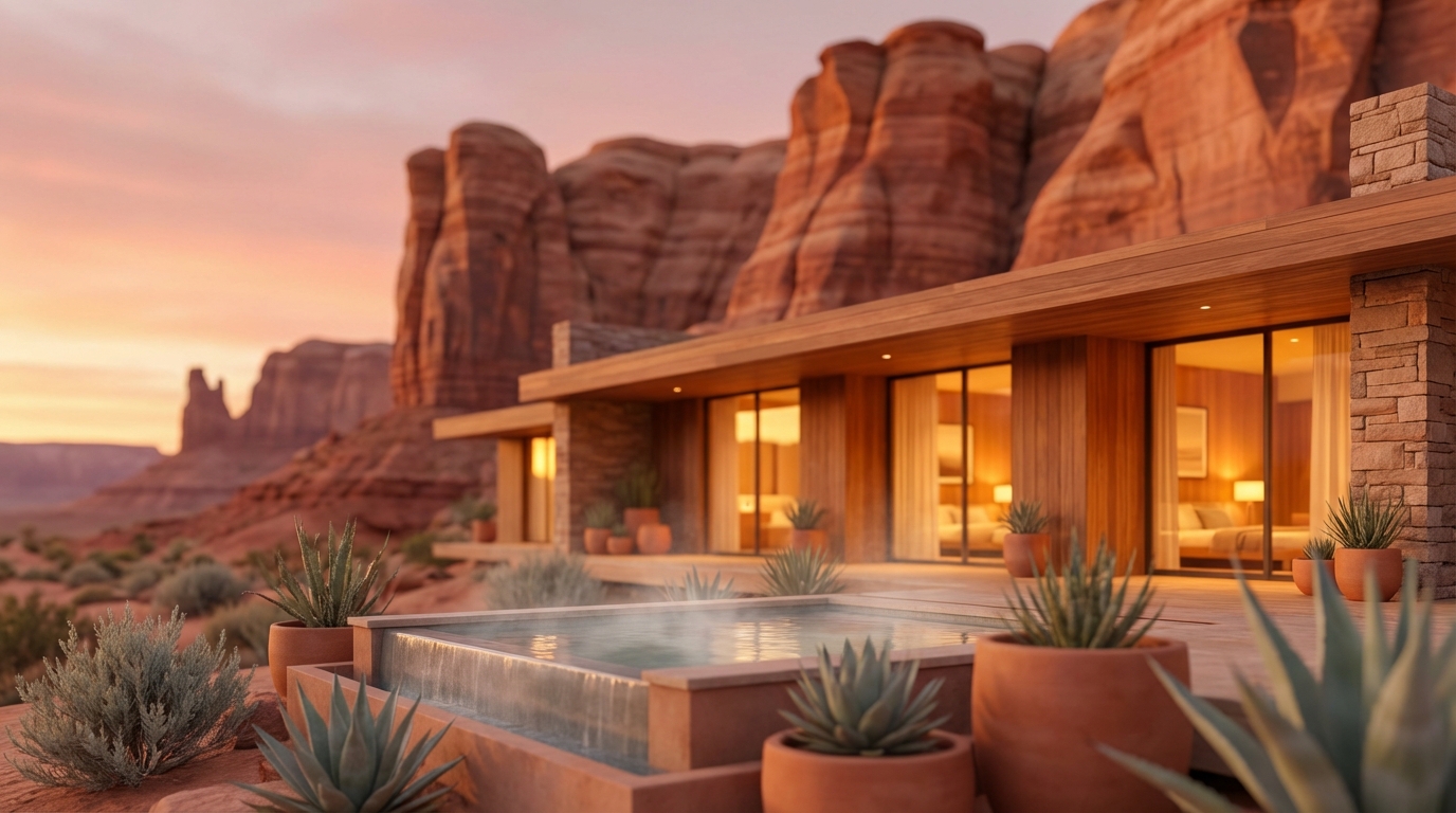 Ambiente hotel in Sedona at golden hour, adults-only luxury resort with pool and red-rock formations in the background