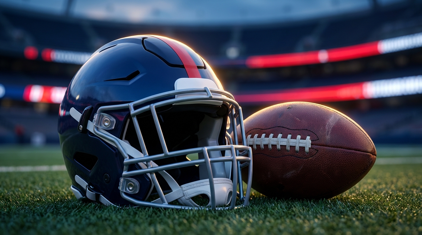 Close-up of navy blue Patriots-style helmet and a brown football on turf with blurred stadium lights in the background; no text or logos.