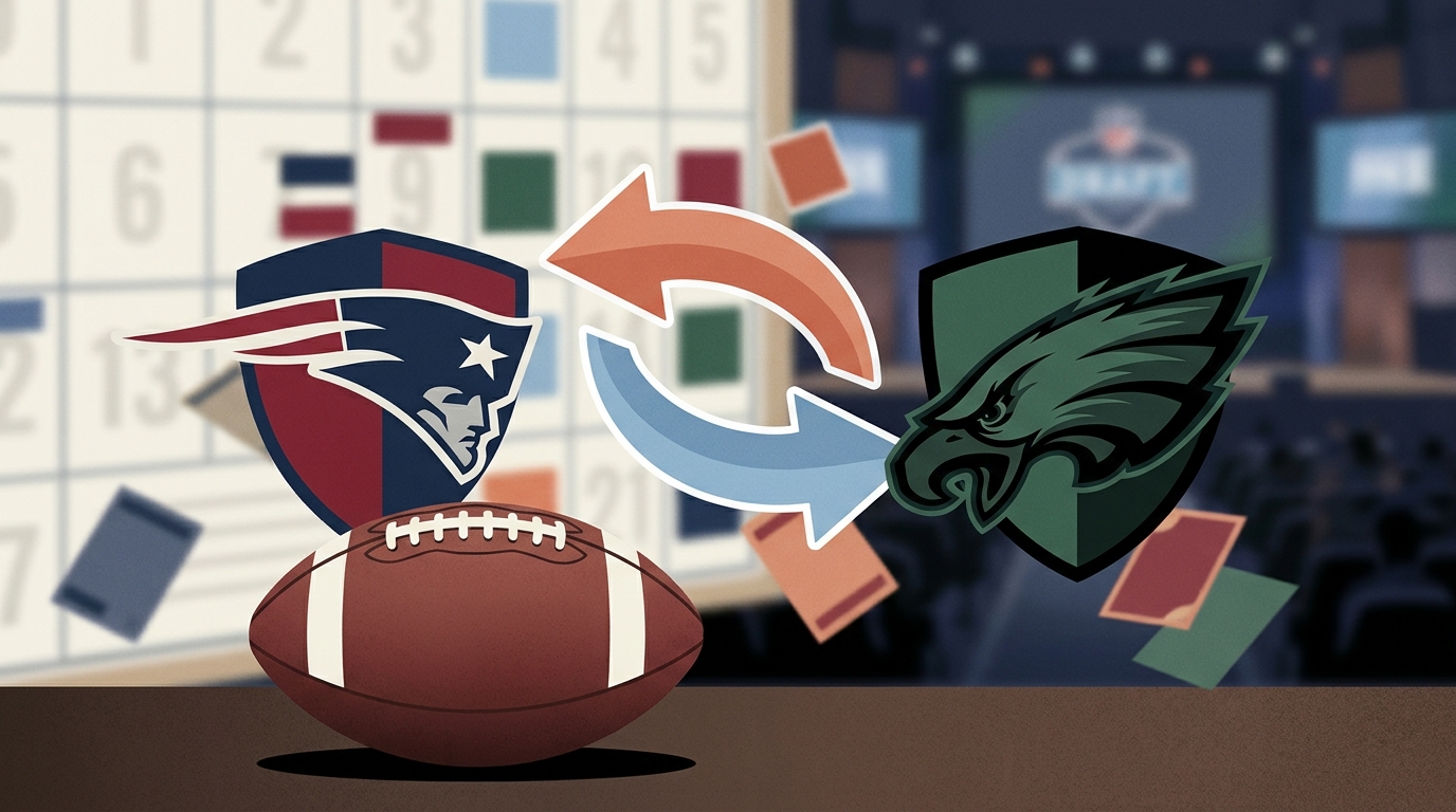 Football with stylized team emblems and bidirectional arrows over a blurred draft board, illustrating Patriots trade rumors