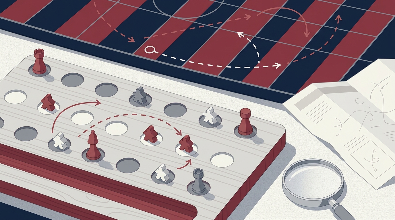 Illustration of a tabletop draft board over a stylized football field, with chess pieces, arrows and scouting items