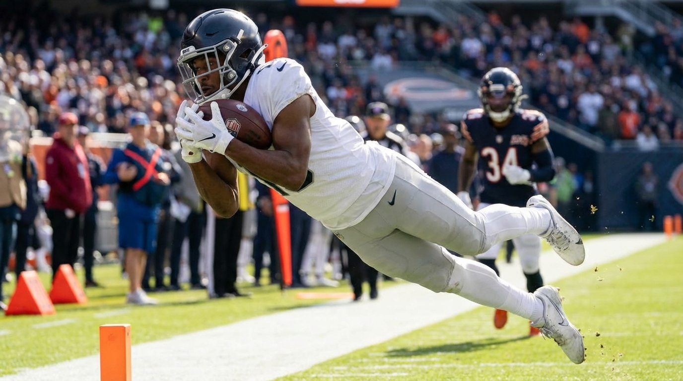 Wide receiver making a leaping over-the-shoulder catch on a sunny stadium field