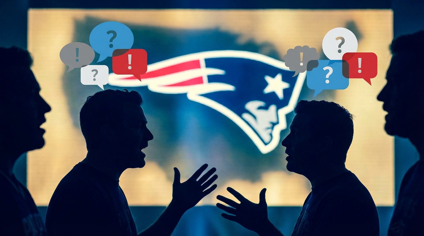 Silhouettes of fans with speech bubbles around a Patriots logo