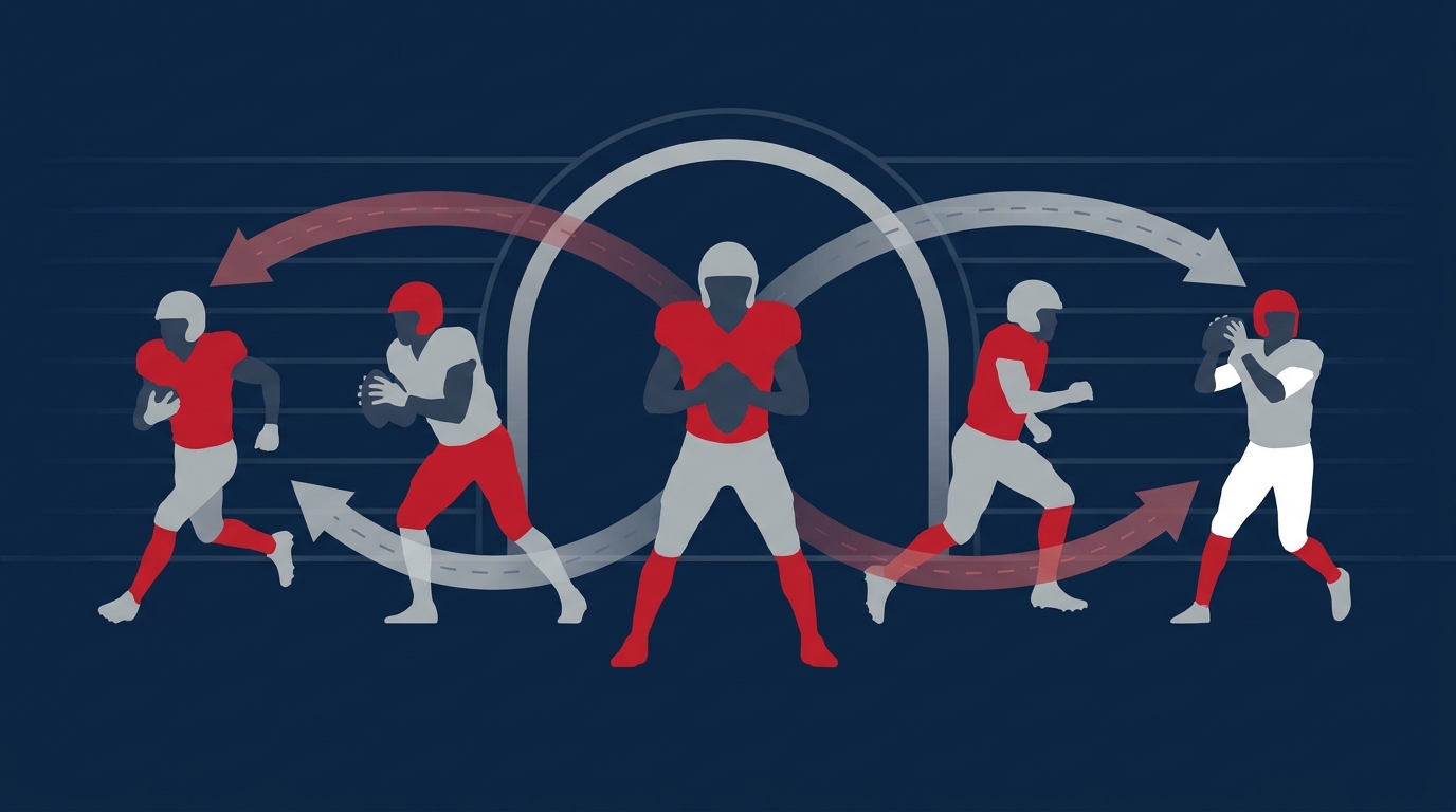 Stylized silhouettes of six football players on a subtle field in Patriots navy, red, silver, and white with abstract arrows indicating trade movement