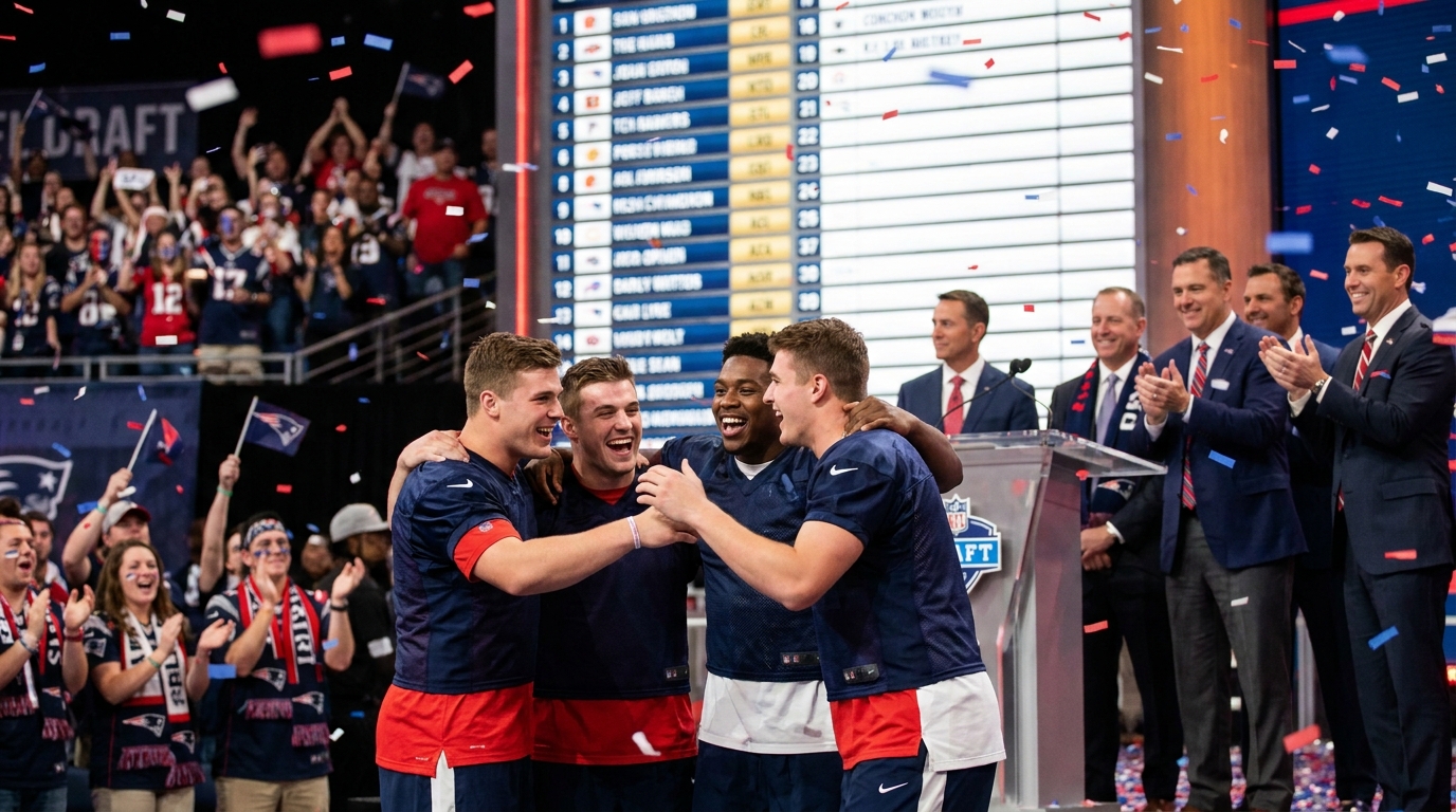 Newly drafted Patriots rookies celebrating on an illuminated draft stage with confetti and fans in navy, red, and white