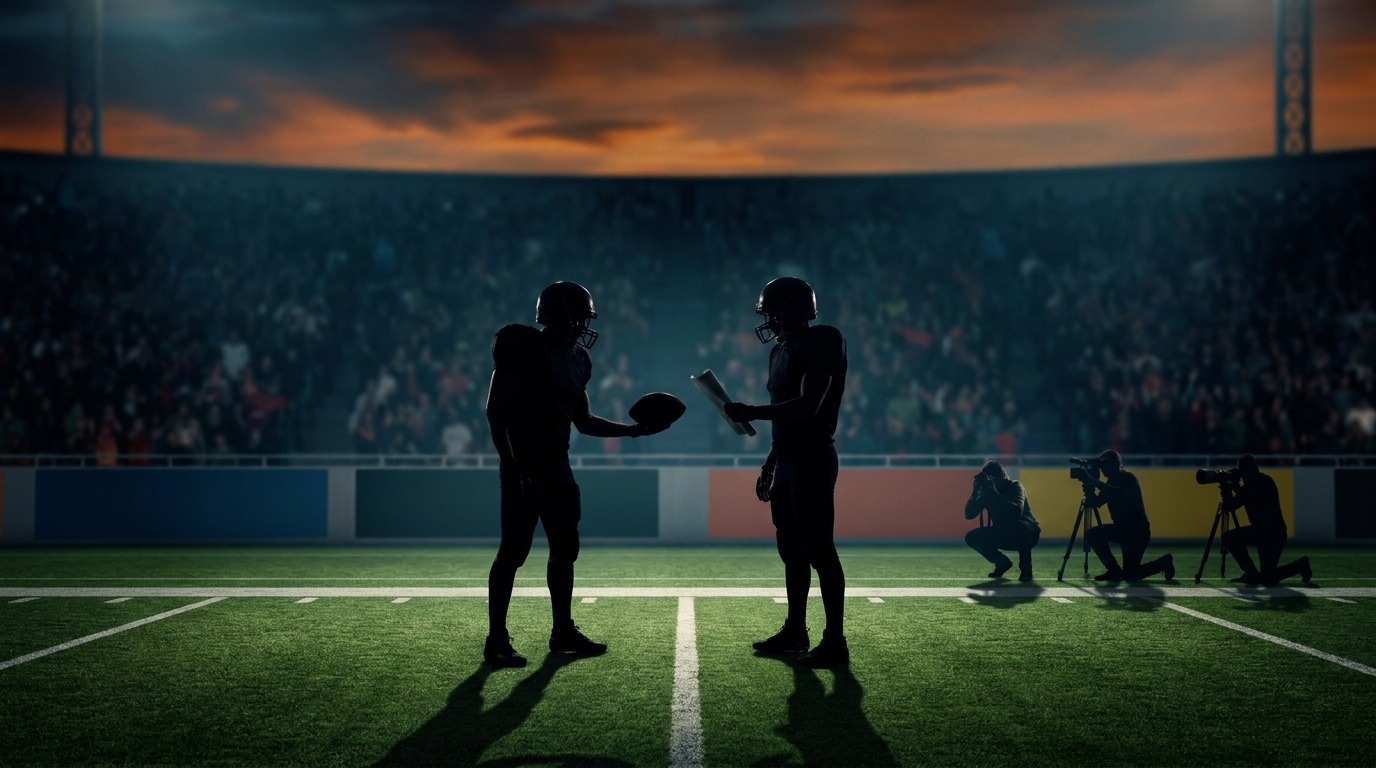 Silhouettes on an illuminated NFL field at twilight representing trade rumors and negotiation