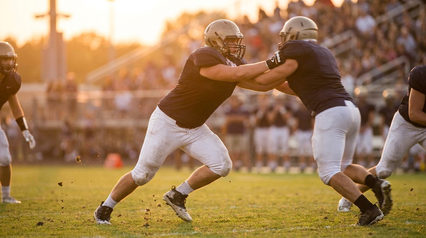 Offensive tackle driving a block on a pass rusher in golden hour stadium lighting
