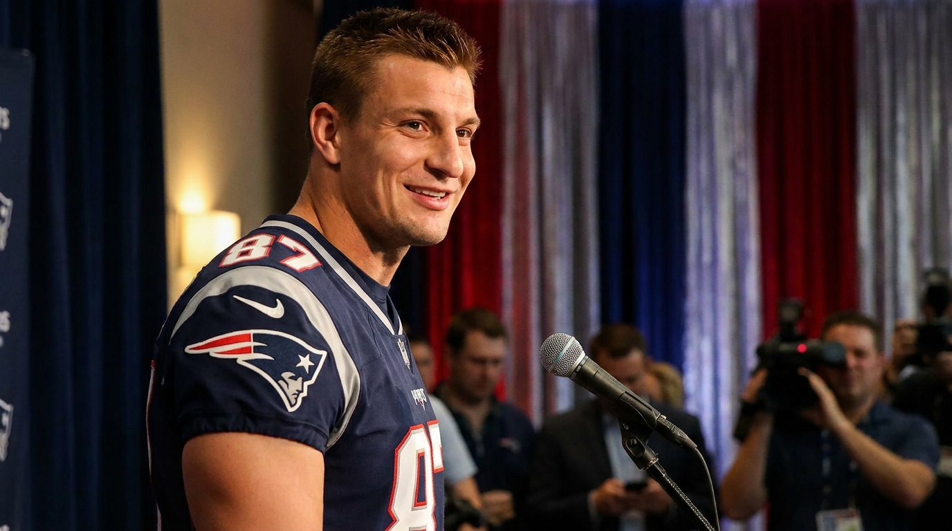 Rob Gronkowski celebrating at Patriots Hall of Fame induction press conference