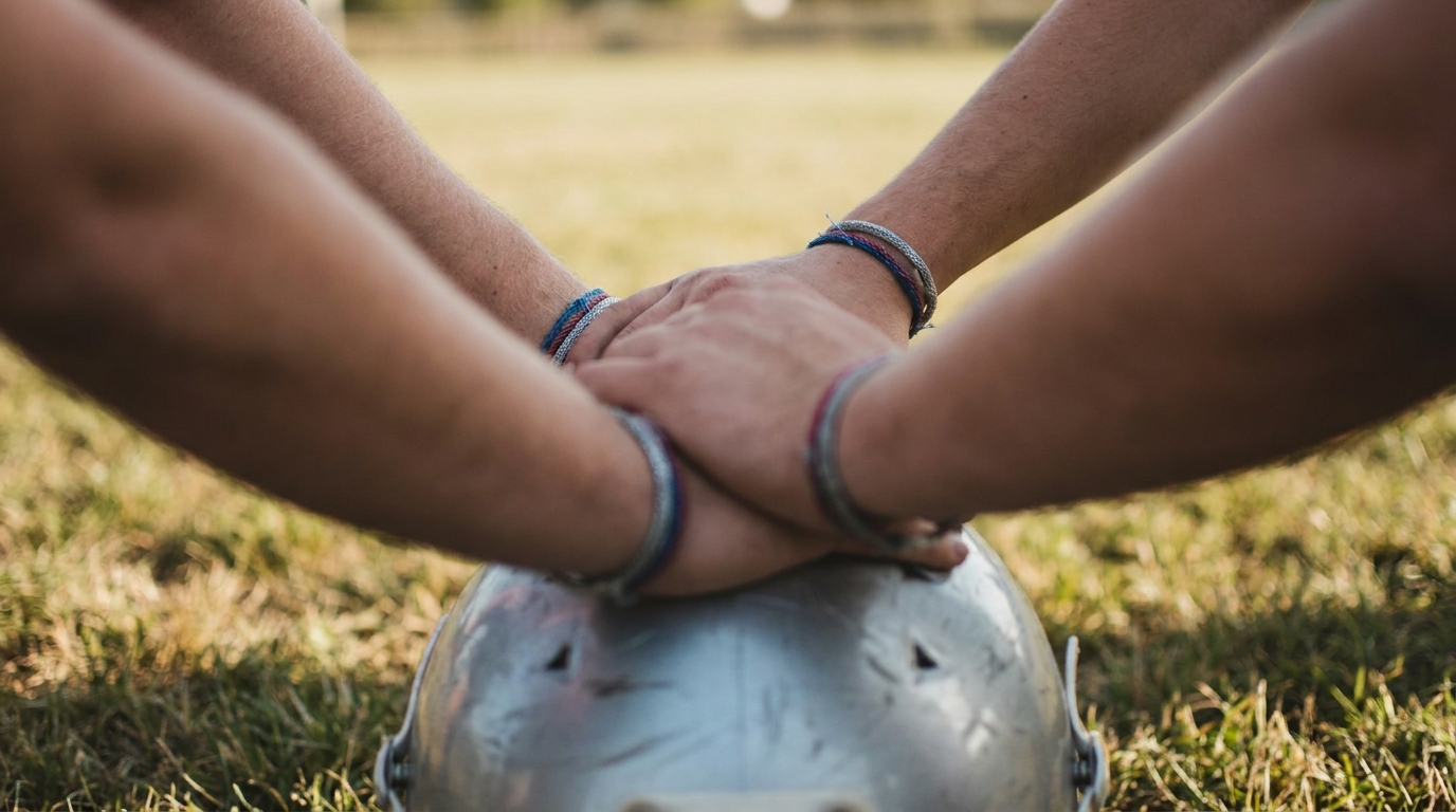 Close-up of multiple football players' hands joined over a helmet on grass, symbolizing team unity and support