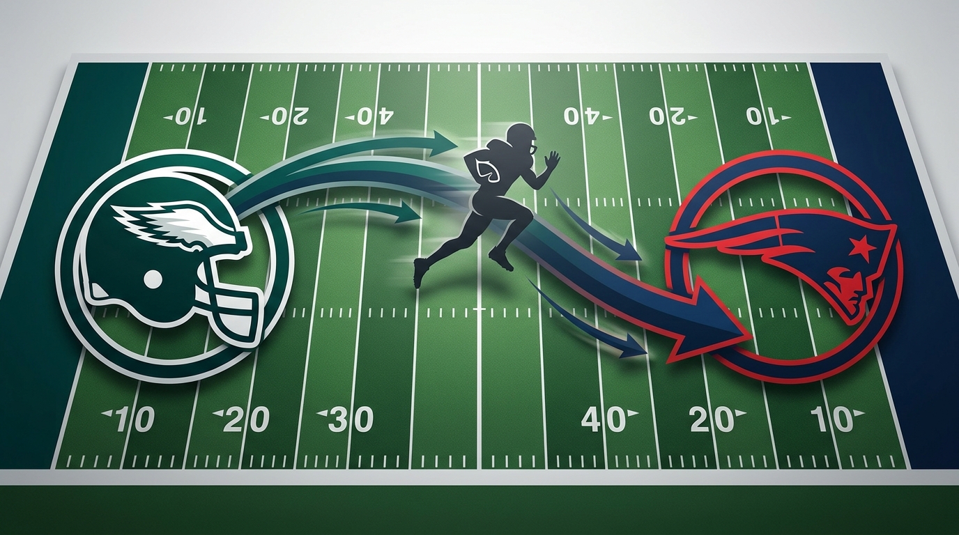 A stylized illustration of trade movement between the Eagles and Patriots