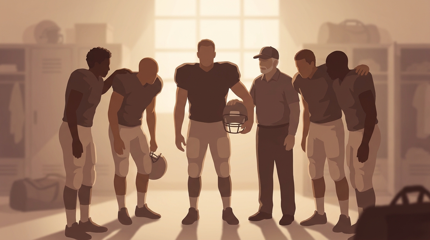Illustration of a football locker room with a diverse group of players in a semicircle around a veteran and a coach. Silhouetted figures show supportive gestures such as hands on shoulders and a hand on a helmet. Warm muted colors and soft lighting convey leadership, mentorship, and team cohesion. No text or logos.