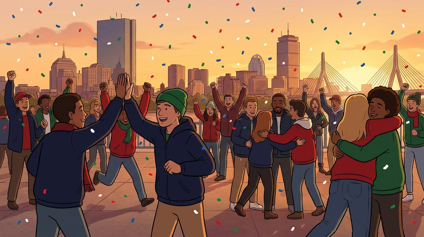 Boston fans celebrating with confetti and skyline