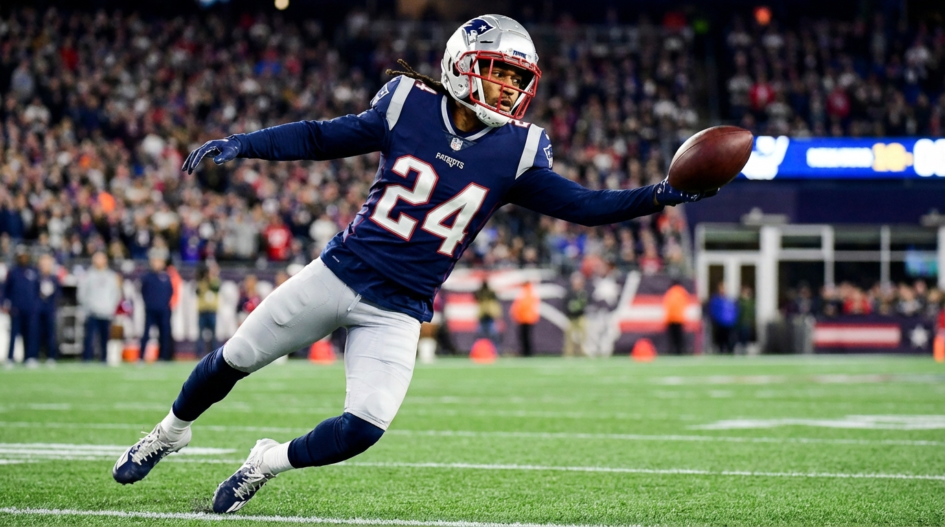 Stephon Gilmore in Patriots uniform breaking on a pass with stadium lights and a blurred crowd in the background.