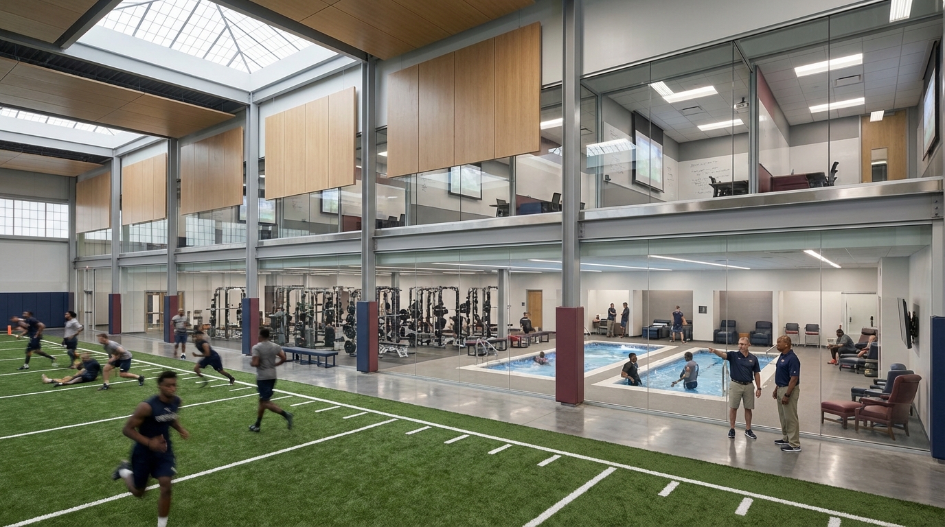 Interior view of a modern state-of-the-art training facility showing indoor turf, weight room, and hydrotherapy pools