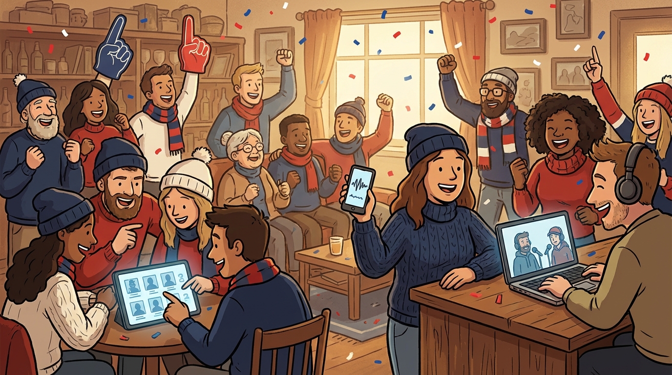 Vibrant illustration of Patriots fans reacting to mock drafts and podcasts