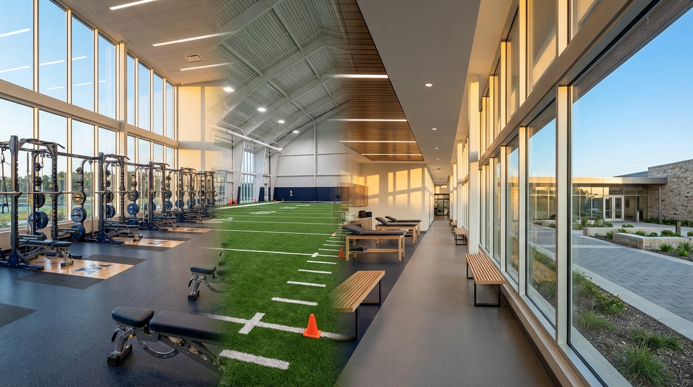 New Balance Training Facility interior and exterior montage