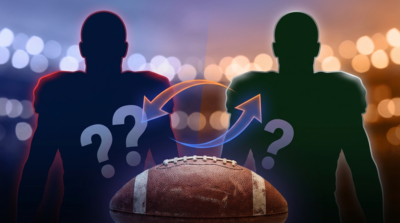 Football with question marks and two team silhouettes connected by arrows to suggest a trade in progress
