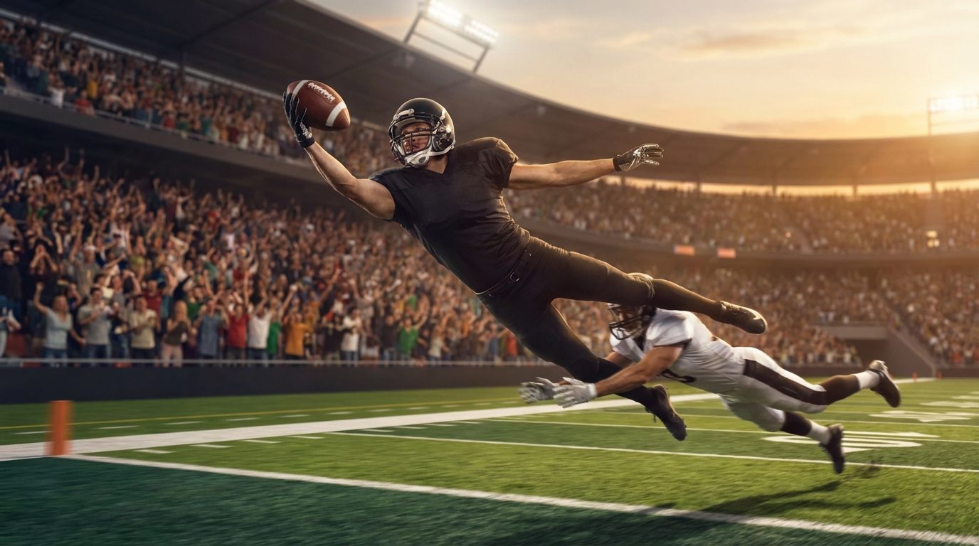 A dramatic one-handed, high-point catch in the end zone by a professional wide receiver, contested by a diving defender, stadium lights at dusk and blurred crowd in background