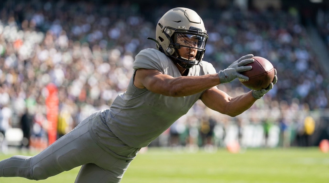 Wide receiver making a mid-air catch, unbranded uniform
