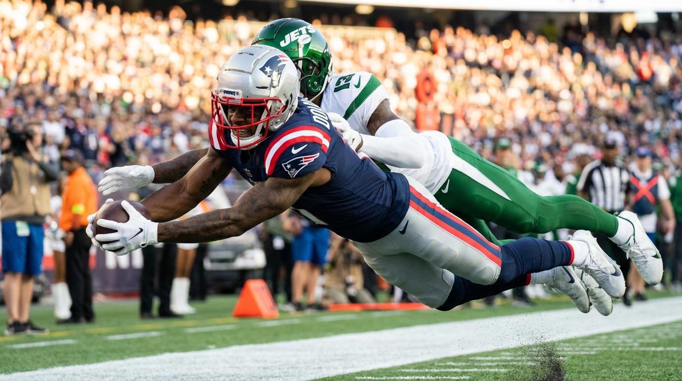 DeMario Douglas leaping to make a contested sideline catch