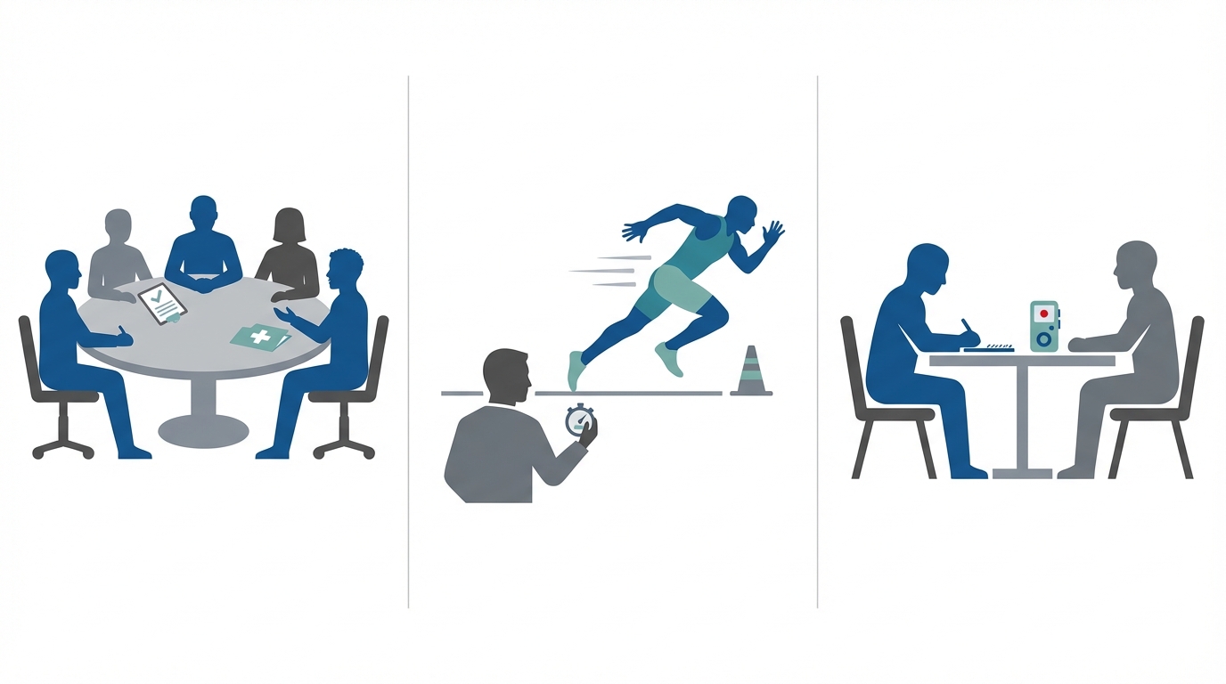 Triptych illustration showing three panels for draft visit types