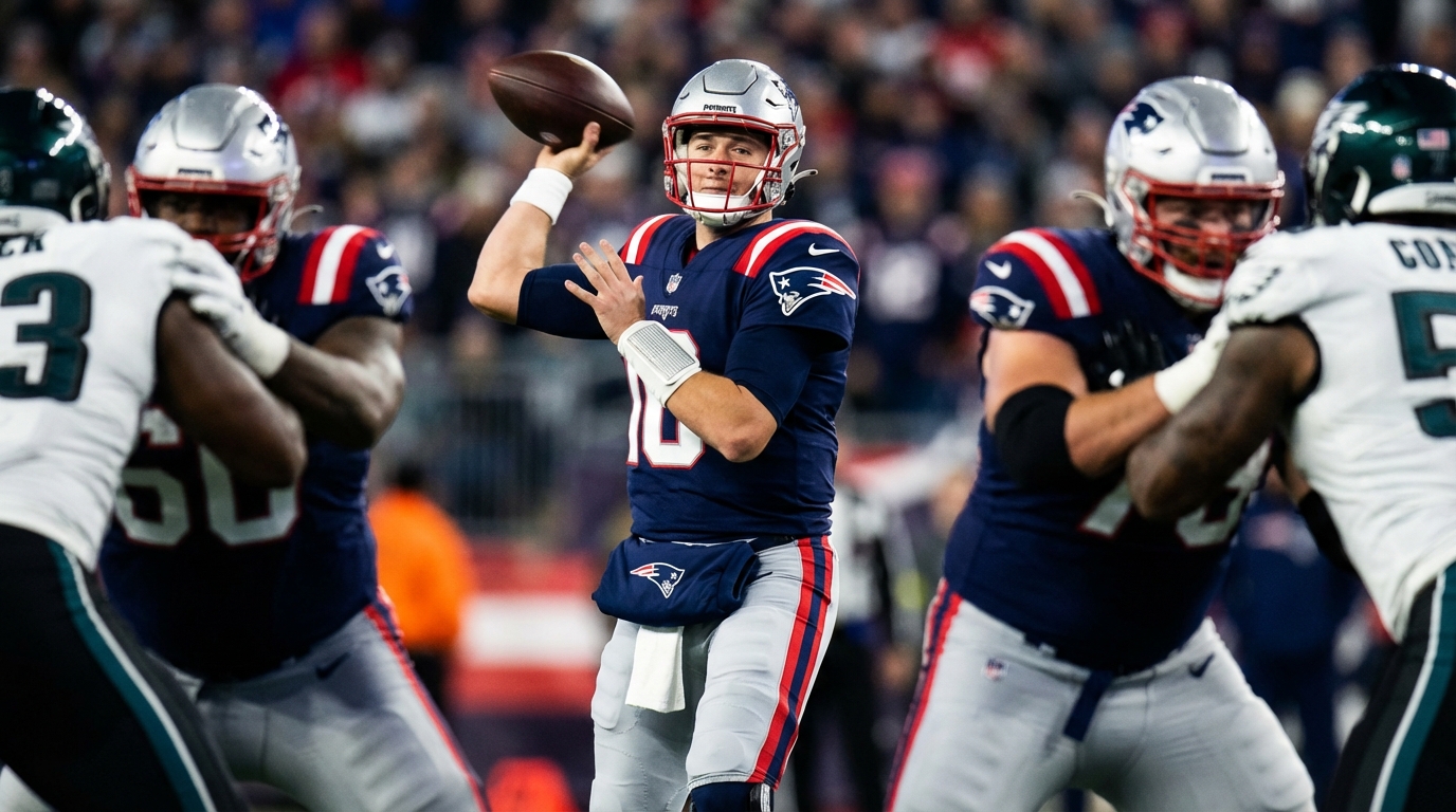Drake Maye mid-throw in Patriots uniform, pocket collapsing, stadium lights