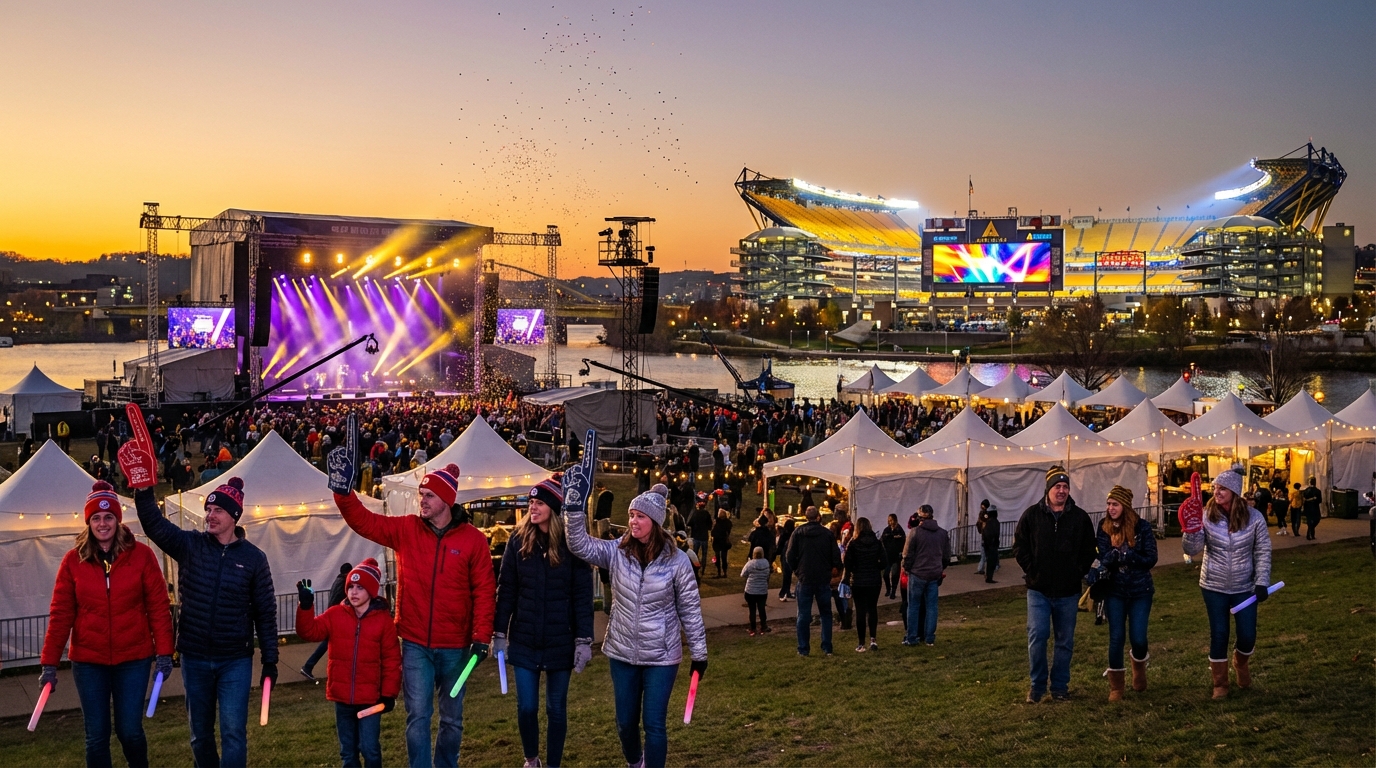 Twilight view of Acrisure Stadium and Point State Park filled with excited fans and a distant draft stage