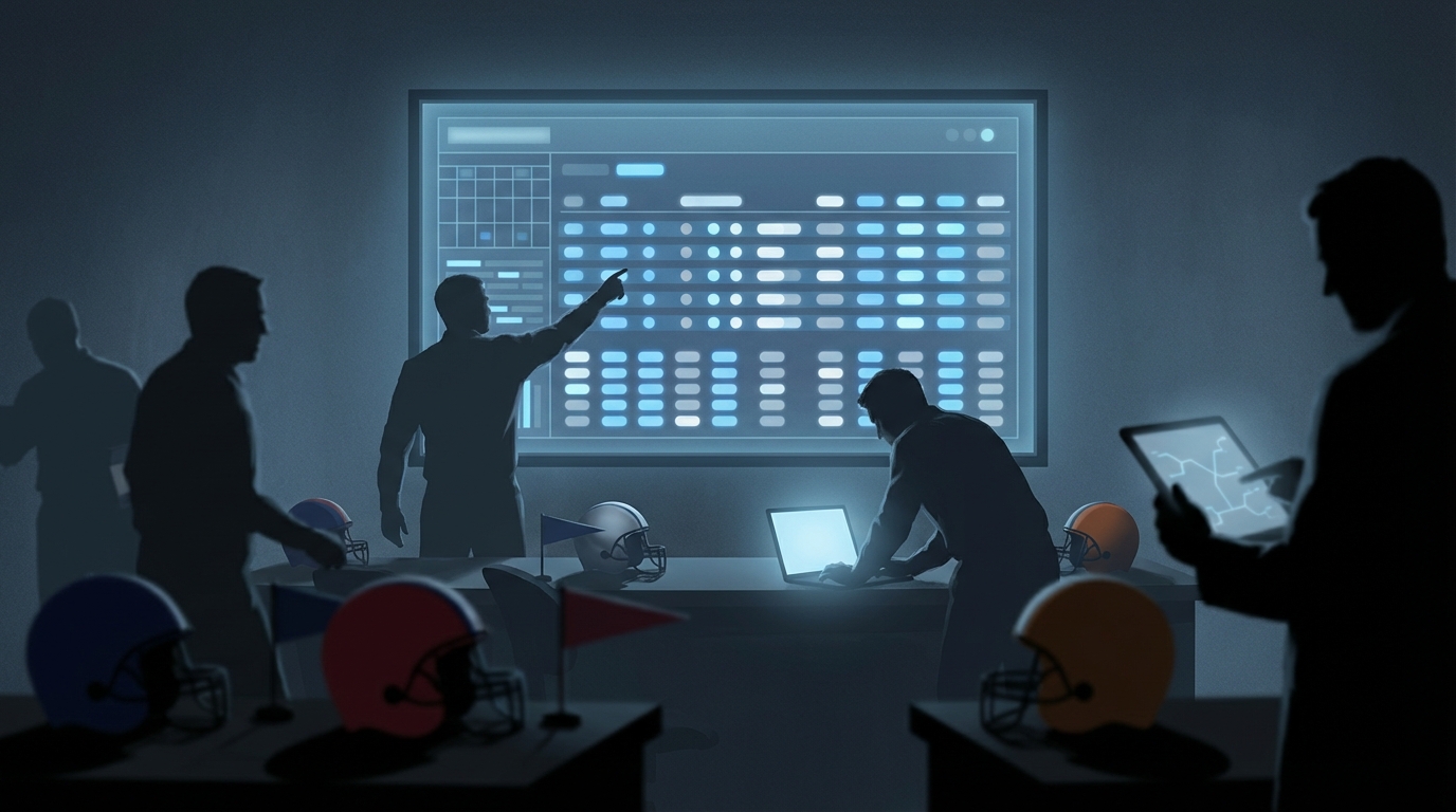 Dynamic NFL draft war room showing silhouettes of team executives around a glowing draft board