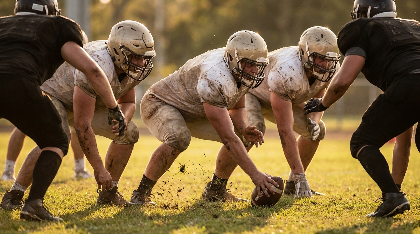 Close-up action shot of an offensive line blocking during a football play, low-angle, late afternoon lighting, players engaged, turf kicked up, no logos.
