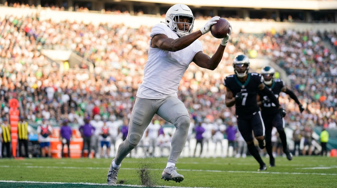 NFL wide receiver leaping to catch a pass