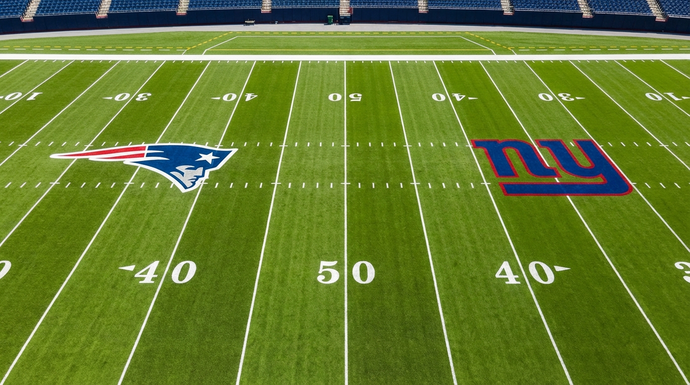 Aerial view of a football field with Patriots and Giants logos at midfield