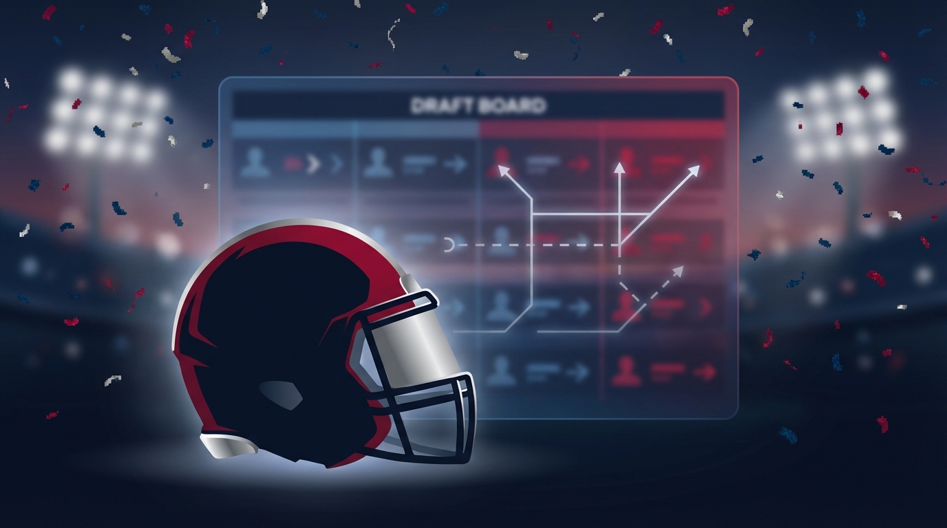Stylized football helmet and draft board silhouette in navy red and silver tones