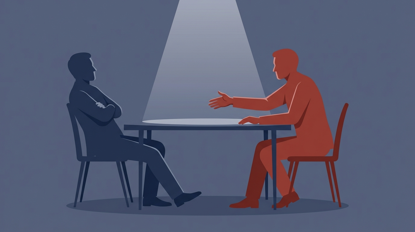 Visual metaphor: two silhouetted figures at a negotiation table with a paused handshake indicating tension